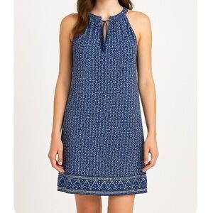 Fleur Blue and White Mini Dress with Tie Neckline Lined Spring Summer